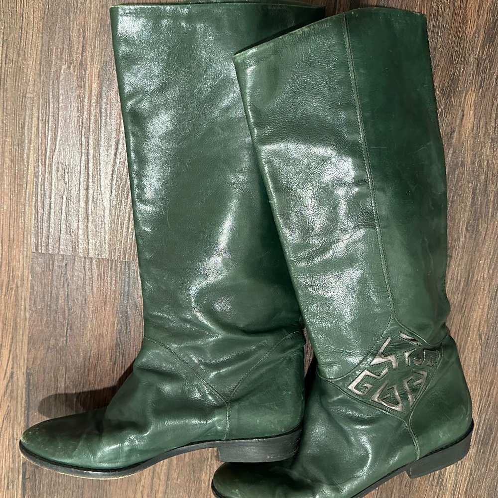 Green Vintage Tall Boots- Italian Leather size 38,  US 7.5